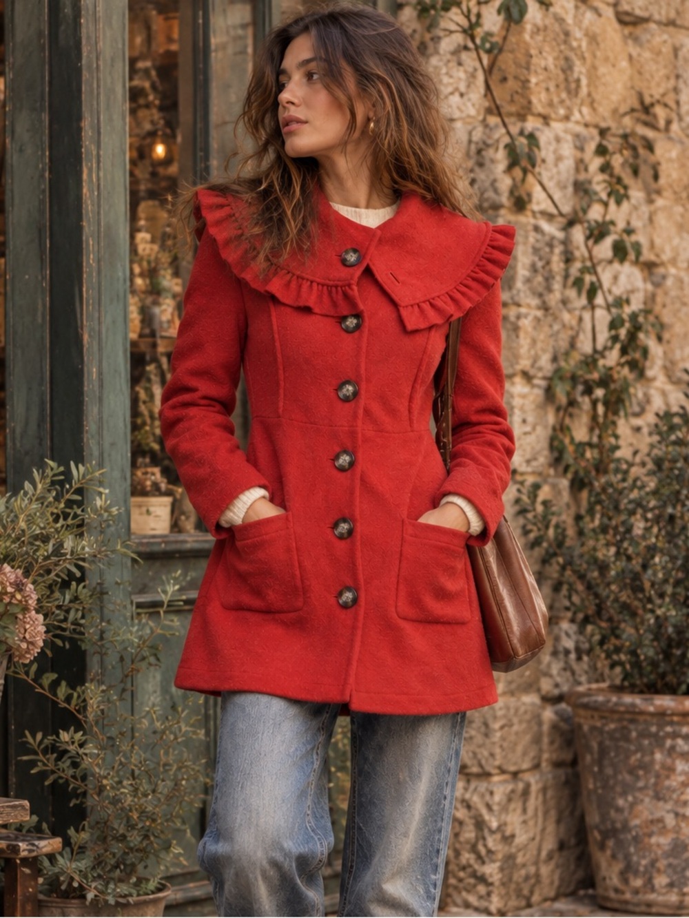 Anthropologie HWR Herlev Boiled Wool Ruffle Sweater Coat Jacket Orange Red M